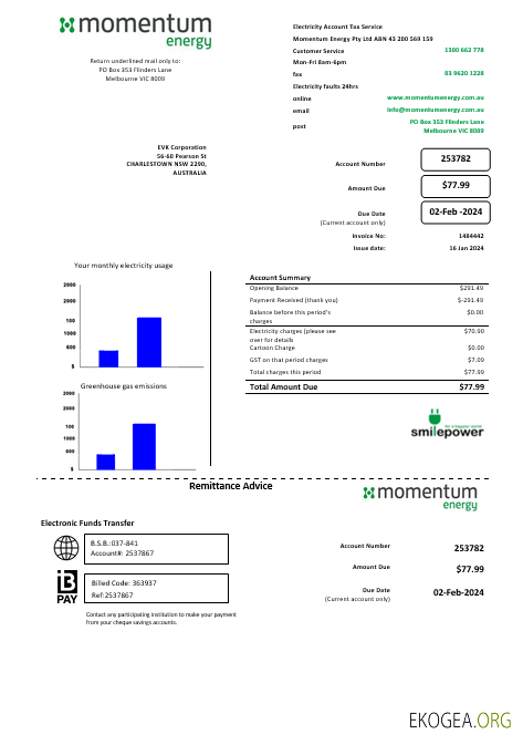 Modèle de facture de services publics d'entreprise Australia Momentum Energy au format Word et PDF